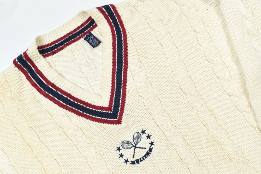Vintage GAP Tennis Cricket Sweater Mens XL Cream V-Neck Cableknit Long Sleeve